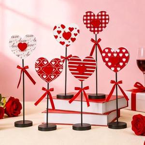 6 Pcs Valentine's Day Decorations Heart Wooden Table Sign Set Red Love Table Centerpiece Valentines Tabletop Decor Tall Standing Farmhouse Wood Block for Wedding Party Home Decorations