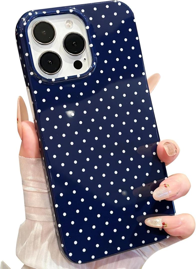 Jmltech for iPhone 15 Pro Max Case Polka Dot Phone Cases Women Girly Retro Vintage Silicone Aesthetic Design Trendy Simple Case Slim Shockproof Protective Cover Navy Blue