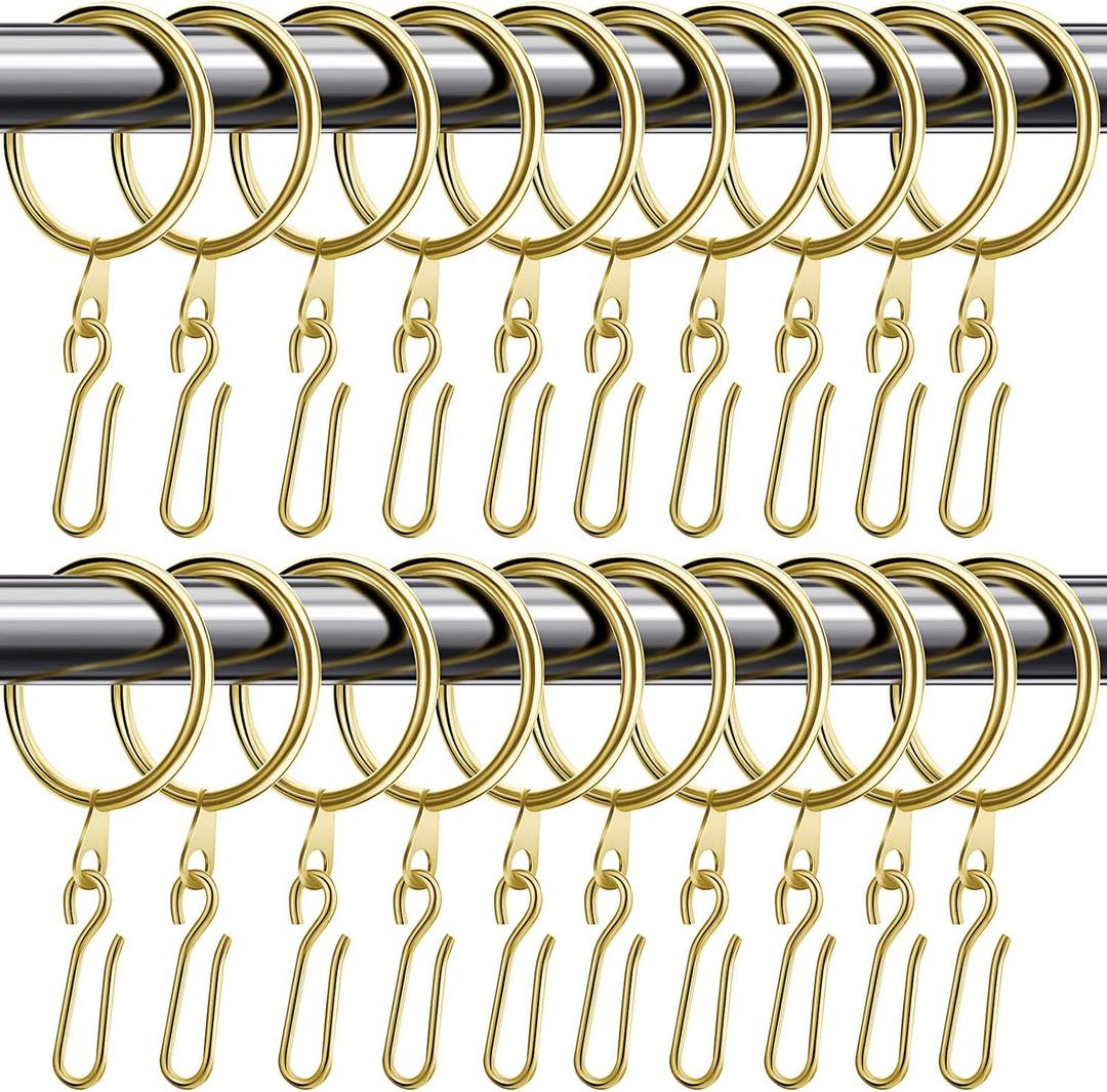 Amyhill 60 Pack Metal Drapery Curtain Rings with 60 Pcs Metal Curtain Hooks Pin 1.26'' Curtain Hanging Rings Curtain Hooks for Window Door Shower Curtain (32 mm,Gold)