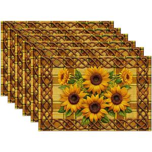 Sunflower Placemats Set of 6, Linen Place Mat Washable Stain Resistant Table Mats for Farmhouse Kitchen Dining Party Wedding Decor 12x18 Inch