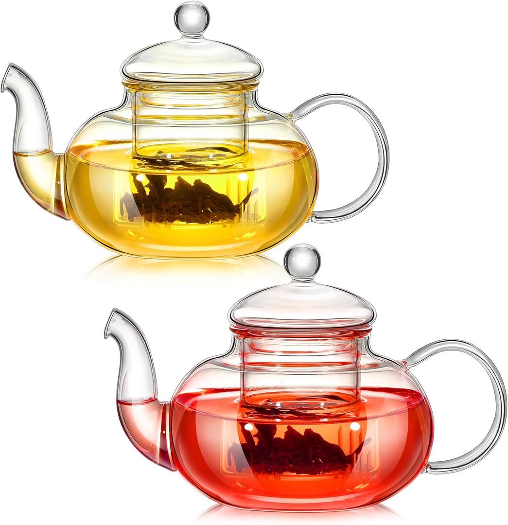 Teenyyou 2 Pack Glass Teapot with Infuser and Lid, 20 oz Clear Teapot Tea Kettle Glass Stovetop Safe Boiling Pot, Blooming and Loose Leaf Tea Maker