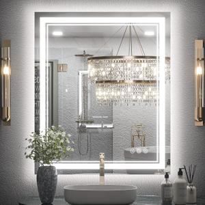Keonjinn LED Bathroom Mirror 30 x 36 Inch with Front and Back Light, Stepless 3 Colors Temperature & Dimmable Backlit Mirror, UL Listed LED Driver, Double Lights Tempered Glass LED Wall Vanity Mirror (36"L x 30"W)