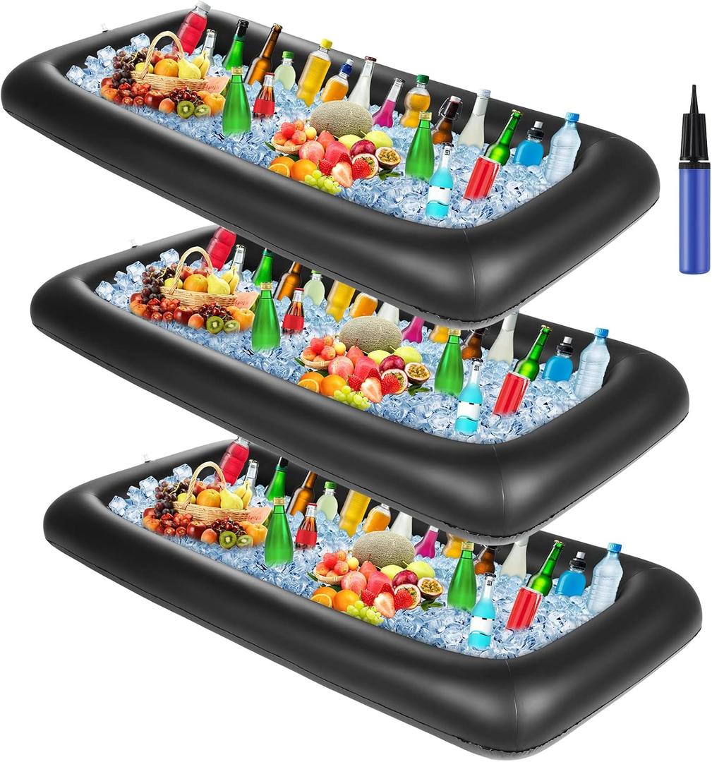 Leitee 3 Pcs Inflatable Serving Bar 52 x 24 x 5'' Ice Buffet Serving Tray Drink Cooler with Drain Plug Inflatable Pool Bar for Party Food Drink Holders with a Hand Pump(Black)