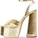 Onlymaker Platform Heels for Women Ankle Strap Chunky High Heel Sandals (8, Gold)