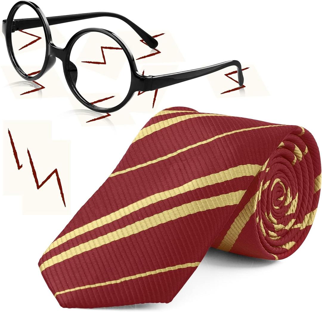 Novelty Cosplay Tie Wizard Glasses with Round Frame No Lenses Lightning Tattoos for Birthday Party Costume Accessories Necktie Halloween Party (Red Tie+Glasses+Tattoos) (DYDY-011)