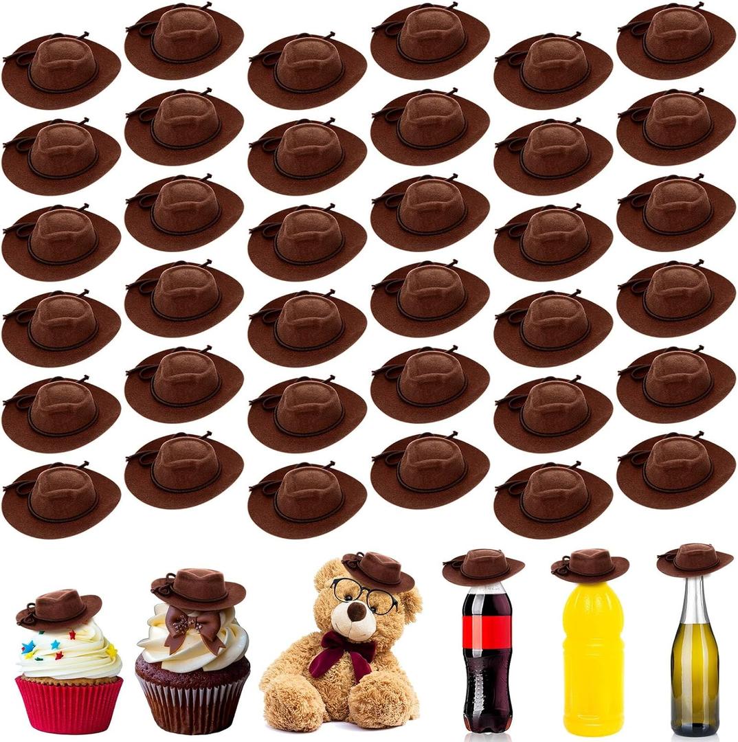 Xtinmee 24 Pcs Mini Cowboy Hats for Crafts Tiny Cowgirl Hat 2 Inch Miniature Western Caps for Doll Bottles Cake Cupcake Toppers Party Decor