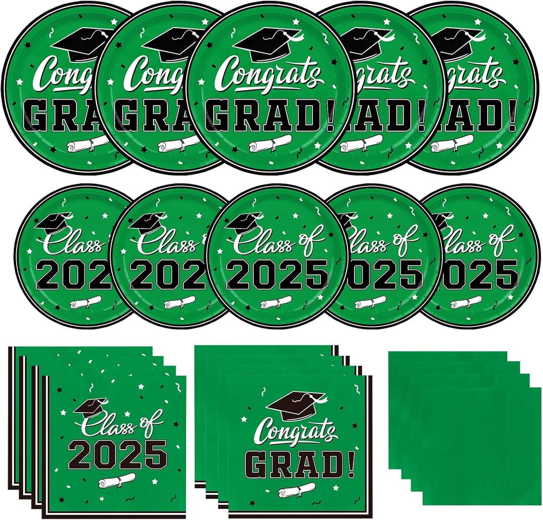 Graduation Party Plates and Napkins Gatherfun 2025 Graduation Party Supplies Green Disposable Paper Plates Luncheon Napkins Cocktail Napkins for Congrats Grad Party Decorations, Serve 50