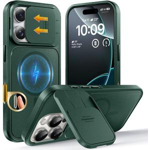 TOCOL for iPhone 16 Pro Case with Slide Camera Cover, Kickstand and Camera Control Button, Fit for MagSafe, Rugged Solid Phone Case, Non-Slip, Drop Protection, Alpine Green