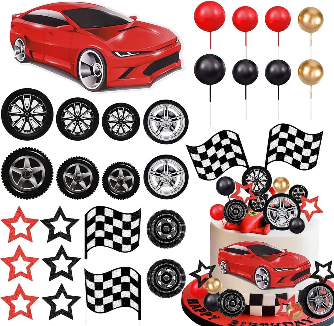 MEMOVAN Racing Wheel Cake Topper 27PCS Race Car Cake Toppers Tyre Cake Decorations Checkered Flag Car Cake Cupcake Decoration for Man Boy Kid Racing Car Theme Birthday Supplies