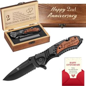 2 Years Anniversary Keepsake Gifts for Him, 2nd Anniversary Present for Men boyfriend Husband Couple, Two Years Cotton Marriage Keepsake, Wedding Date Engraved Pocket Knife with Gift Box, Personalized Knife