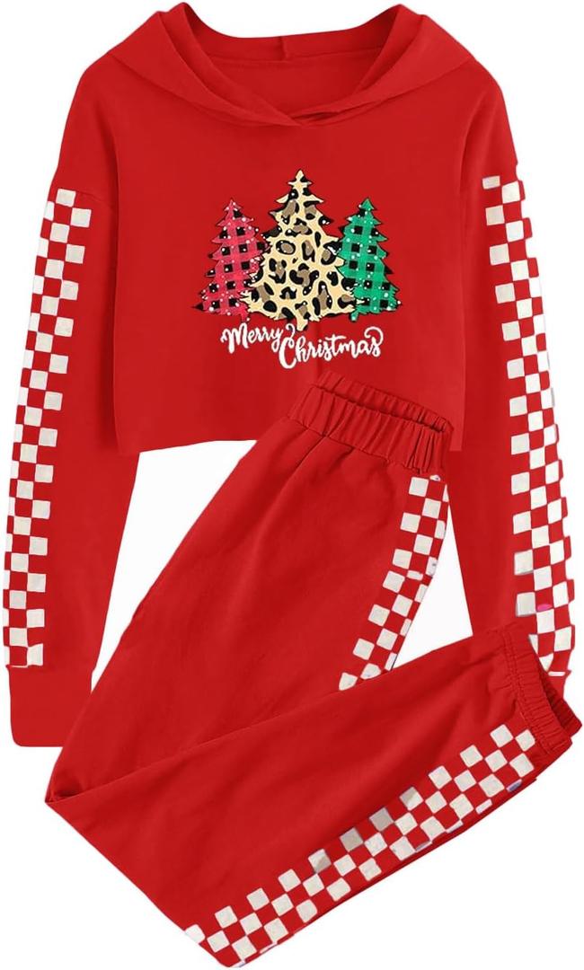 Meikulo Kids 2 Piece Outfits Girls Crop Tops Hoodies Long Sleeve Fashion Sweatshirts and Sweatpants (7-8 Years, Xmas-red)
