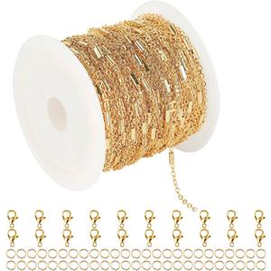 32.8ft 18K Gold Plated Jewelry Making Chain Bulk with 50pcs Jump Rings and 20pcs Lobster Clasps, Solid Brass Tube Bar Cable Link Chain Necklace Bracelet DIY Craft Chains