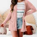 MEROKEETY Women's Casual Long Sleeve Open Front Cable Knit Cardigans Lightweight Solid Color with Pockets (Large, Pink)