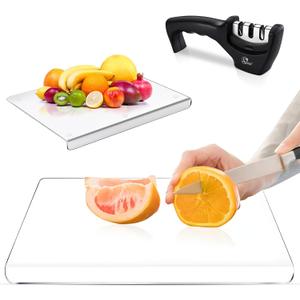 Navea Acrylic Cutting Board with Counter Lip, Clear, Thick Cutting Board for Kitchen Counter Non Slip with Knife Sharpener included, 17.7x13.7 inch Medium, Kitchen Home Essentials, Giftable