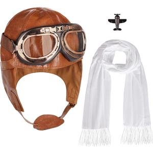 4Pcs Aviator Costume Accessories,Aviator Hat With Goggles White Scarf Brooch,Pilot Cap for Adults Halloween Party (Brown)