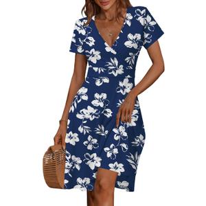 MSBASIC Womens Summer Wrap V Neck Casual Dresses Floral Short Sleeve A-Line Midi Sundress (Blue, M)