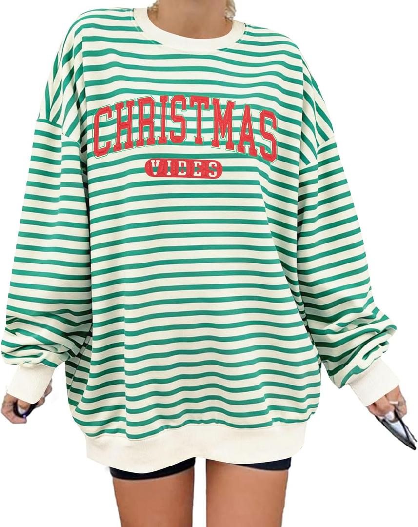LUKYCILD Christmas Vibes Sweatshirt Women Merry Christmas Shirt Xmas Long Sleeve Shirt Winter Holiday Sweatshirts (Medium, Green-striped)