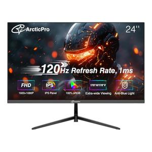 ArcticPro 24 inch Monitor 120Hz, FHD 1080p, Computer Monitor, IPS, 99% sRGB, Adaptive Sync, 1ms Response Time, 3-Sided Frameless, Ultra Slim, VESA Mountable, Anti-Blue Light Design, HDMI & VGA Ports