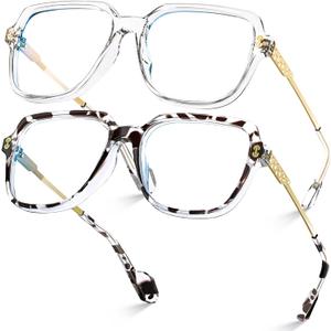 VISOONE 2 Pack Oversized Blue Light Blocking Glasses with Chic Square TR90 Frame and Metal Temple for Women Men REMY (Tortoise + Clear)