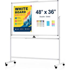 48" X 36" Large Rolling Whiteboard, 360°Rotation Magneitic White Board with Stand, Double Sides Whiteboard Easel on Wheels, Big Dry Erase Board for Office, School, Home