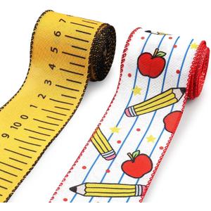 Hying 2 Rolls Back to School Ribbons - 2.5"10 Yards Wired Edge Yellow Burlap Pencil Apple Craft Ribbons for Gift Wrapping & Classroom Decorations