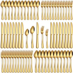 PHILIPALA 60 Piece Gold Silverware Set, Stainless Steel Flatware Set for 12 Food Grade Cutlery Utensil Set Include Knife Fork Spoon Mirror Polished Dishwasher Safe