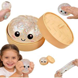 Dumpling Squishies, Glitter Dumpling Squishy Mystery Box, Colorful Dumplings Stress Balls Fidget Sensory Toy with Steamer, Soft Squeeze Decompression Dough for Anxiety Relief Fidget (White)