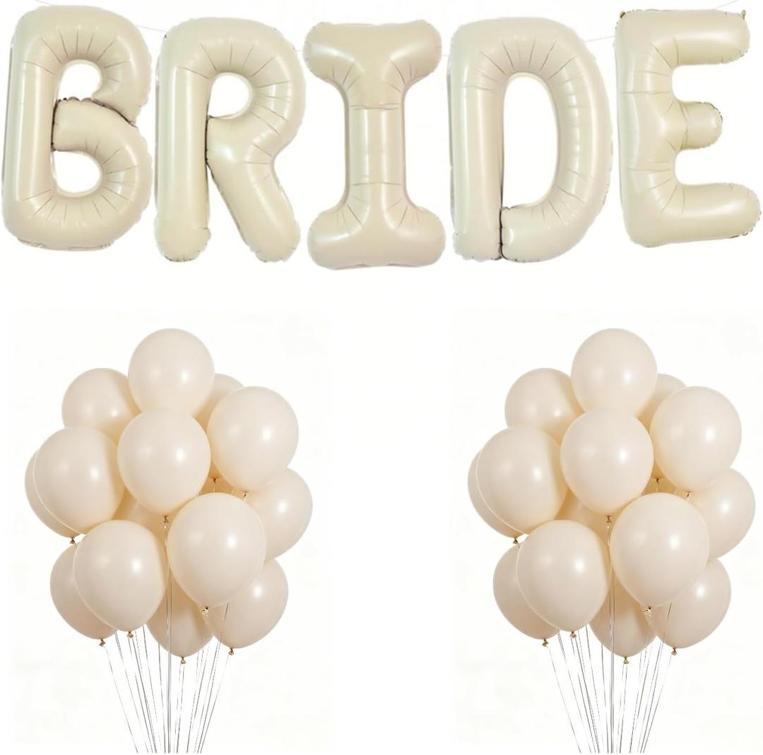 40Inch BRIDE Balloons-White Sand Balloons with Large Cream White BRIDE Foil Banner Letter Sign for Wedding Bridal Shower Engagement Bachelorette Party Decorations