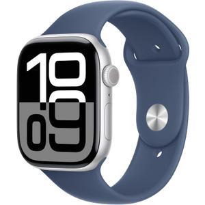 Apple Watch Series 10 [GPS 46mm case] Smartwatch with Silver Aluminium Case with Denim Sport Band - S/M. Fitness Tracker, ECG App, Always-On Retina Display, Water Resistant