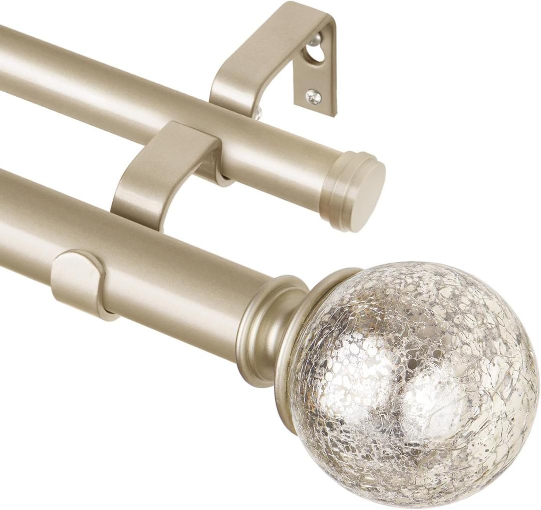 KAMANINA 1 Inch Double Curtain Rod 72 to 144 Inches(6-12 Feet) Champagne Gold Curtain Rods for Windows 66 to 120 Inches, Heavy Duty Drapery Rod with Crackle Glass Finials (72-144'')