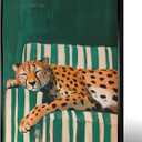 Maximalist Cheetah Wall Art Vintage Emerald Green Decor Poster Funny Sleepy Leopard Canvas Print Trendy Animal Pictures Aesthetics College Dorm Living Room Apartment 16x24 Inch Metal Black Frame