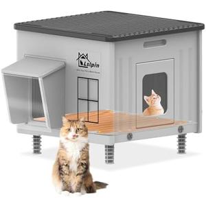 Indestructible Heated Cat House for Outside Cats Winter,Weatherproof & Insulated & Elevated Feral Cat House with Escape Door, Outdoor Indoor Cat Shelter for Stray Barn Cat 17.7×17.7×17.5