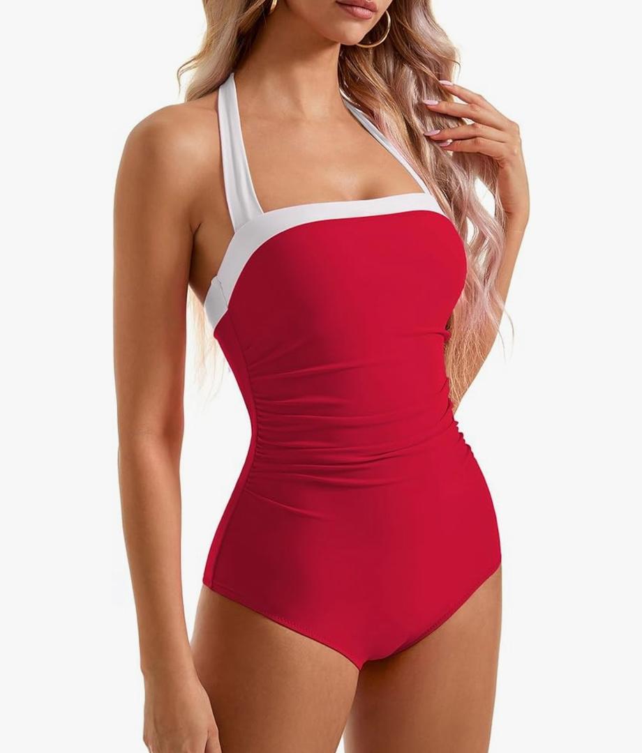 SUUKSESS Women Sexy Tummy Control One Piece Swimsuit Halter Retro Bathing Suit (L)