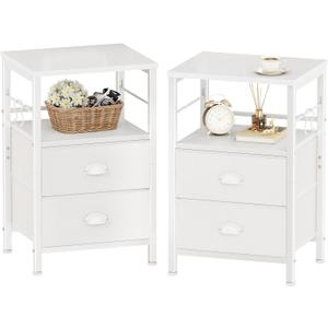 Furologee Nightstands Set of 2, End Table with 2 Fabric Drawers, Night Stand with 2 Hooks, Open Wood Shelf Bedside Table for Bedroom/Living Room/White