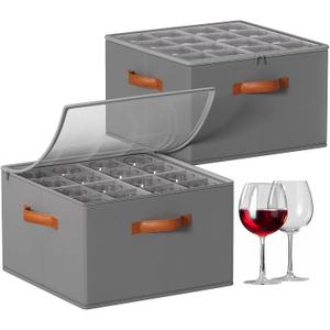 Foyego Wine Glass Storage Box with Dividers, 2 Pack Glassware Storage Containers, Stemware Storage Cases Holds 32 Wine Glasses, Stackable Crystal Storage Containers with Clear Cover for MovingGray