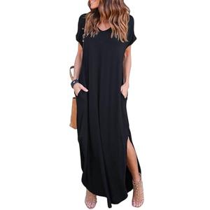 HUSKARY Womens Casual Pocket Beach Long Dress Short Sleeve Split Loose Maxi Dress, Black 01, XL