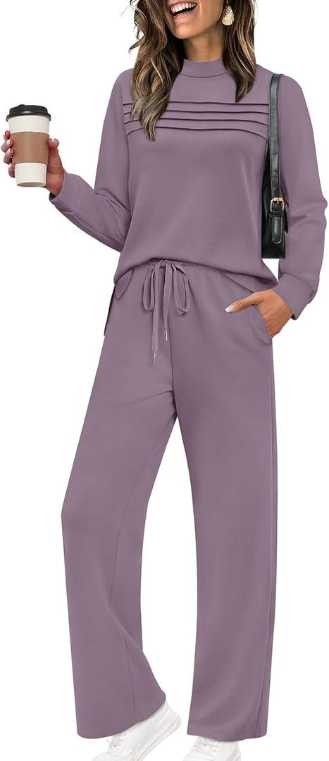 WIHOLL Two Piece Sets for Women Spring Travel Vacation Outfits 2026 Long Sleeve Lounge Sets Side Slit Wide Leg Pants (Grey Purple) XL