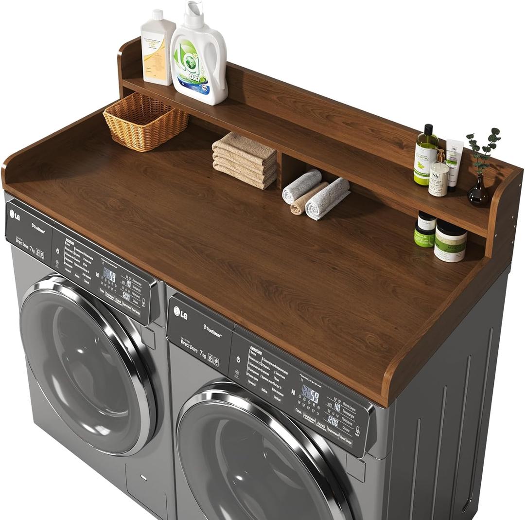2-Tier Washer and Dryer Countertop with 2.75" H Guard,54" W x 27.5" D Laundry Countertop Cover with Non-Slip Pad,Large Space Laundry Topper for Folding Clothes Over Washer and Dryer-Brown (2 Tiers)