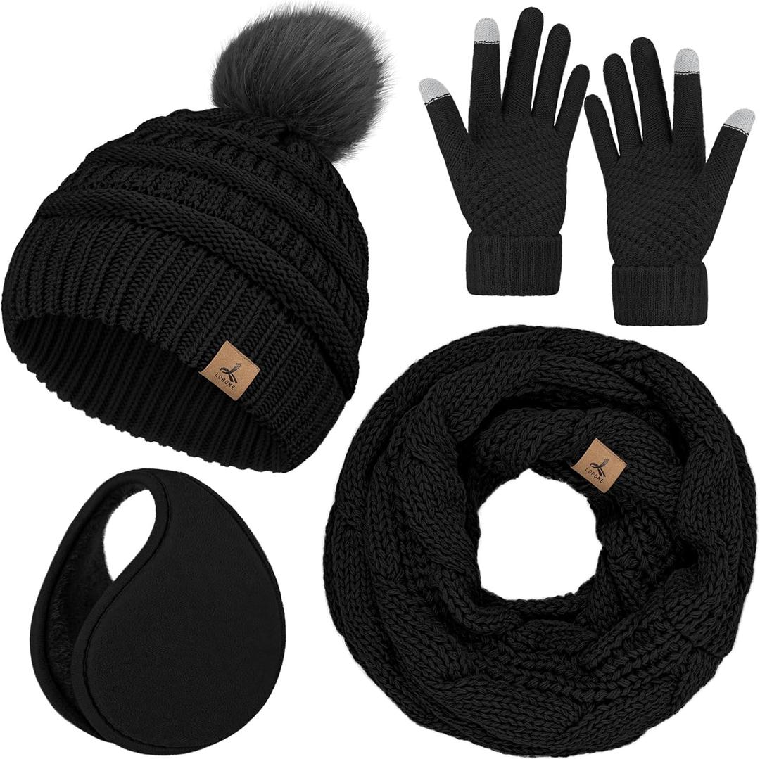 Winter Hat Scarf Gloves and Ear Warmer, Warm Knit Beanie Hat Touch Screen Gloves Set Winter Gifts Neck Scarves for Women (Black)