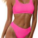 YIMISAN Women's Ribbed Two Piece Bikini Sets Wide Shoulder Strap Top Swimsuit with Mid Waist Cheeky Bathing Suit (X-Large, Hot Pink)