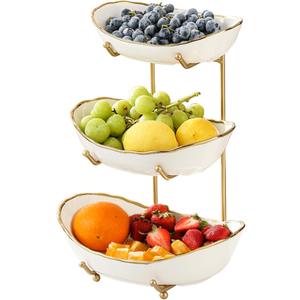 Ceramic Fruit Bowl for Kitchen Counter - 3 Tier Fruit Basket with Metal Stand, Tiered Fruit Stand for Countertop, Snack, Nuts, Cake, Dessert, Cute (Gold-Rimmed, Small)