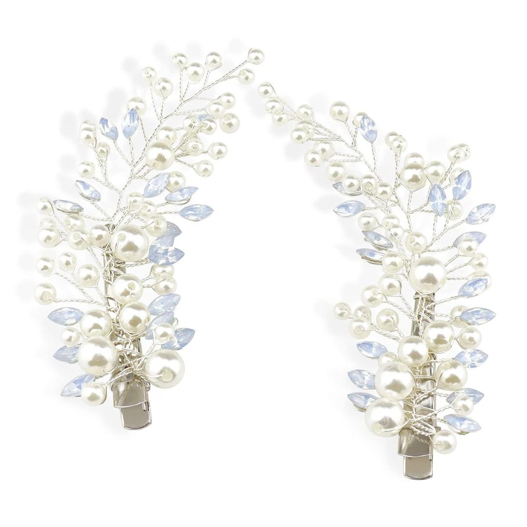 Pearl Rhinestone Alligator Hair Clips, Bendable Wedding Hair Pieces for Bridal Women, Set of 2 (Silver)