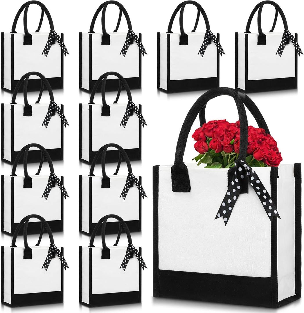 Sunnymove 12 Pcs Small Canvas Tote Gift Bags Bulk for Women Size 10 x 10 x 4 Inch Sublimation Personalized Blank Shopping Tote with Handle for Wedding Bridesmaid Birthday Party