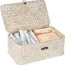 Sumnacon Wicker Basket with Lid Rectangle Woven Baskets for Toiletries Tampon Storage,Wicker Storage Basket with Lid,Decorative Seagrass Storage Baskets for Shelf Bathroom Toilet Table,Whitewash (X-Small)