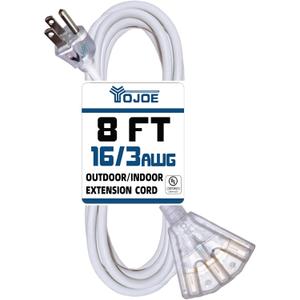 YOJOE 3-Outlets Indoor Outdoor Extension Cord with Lighted End, 3 Prong 13A Weatherproof Power Cord, 16 Gauge Heavy Duty 8 ft White Extension Cord Multiple Outlets, 16/3 SJTW UL Listed