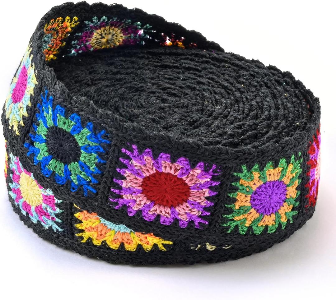 Cotton Webbing, 2 Inch Webbing Crochet Flower Webbing Strap for Bags, Arts and Crafts (Black)