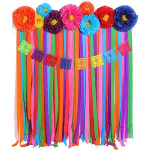 TaoBary 16 Pcs Mexican Paper Flowers Mexican Party Decorations Streamer Backdrop and Papel Picado Banner Mexico Fiesta Party Decorations Supplies Set for Cinco De Mayo Party Wedding (Bright Style)