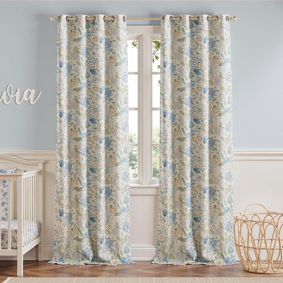 jinchan Nursery Curtains 95% Blackout Blue Floral Curtains for Kids Room, 96 Inch Length Farmhouse Drapes for Bedroom Living Room Darkening Window Treatment Grommet Top Set of 2 Panels