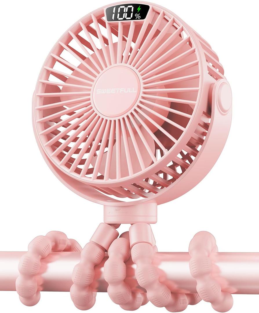 SWEETFULL Portable Stroller Fan with LED Display, 4 Speed Rechargeable Mini Clip On Fan, 360 Rotate Flexible Tripod Better Cooling Small Baby Fan for Car Seat Crib Travel Bike Treadmill 