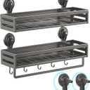 Shower Caddy Suction Cup, 15.8 inch 2 Pack Suction Shower Shelf with Hooks NO-Drilling Bathroom Holder, Rustproof Bathroom Organizer, Includes 2 Extra Suction Cups, Dark Grey